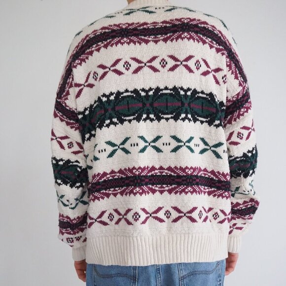Vintage '90S New Yorker Cream Maroon 3D Eclectic Grandpa Crewneck Sweater XL - Picture 2 of 11